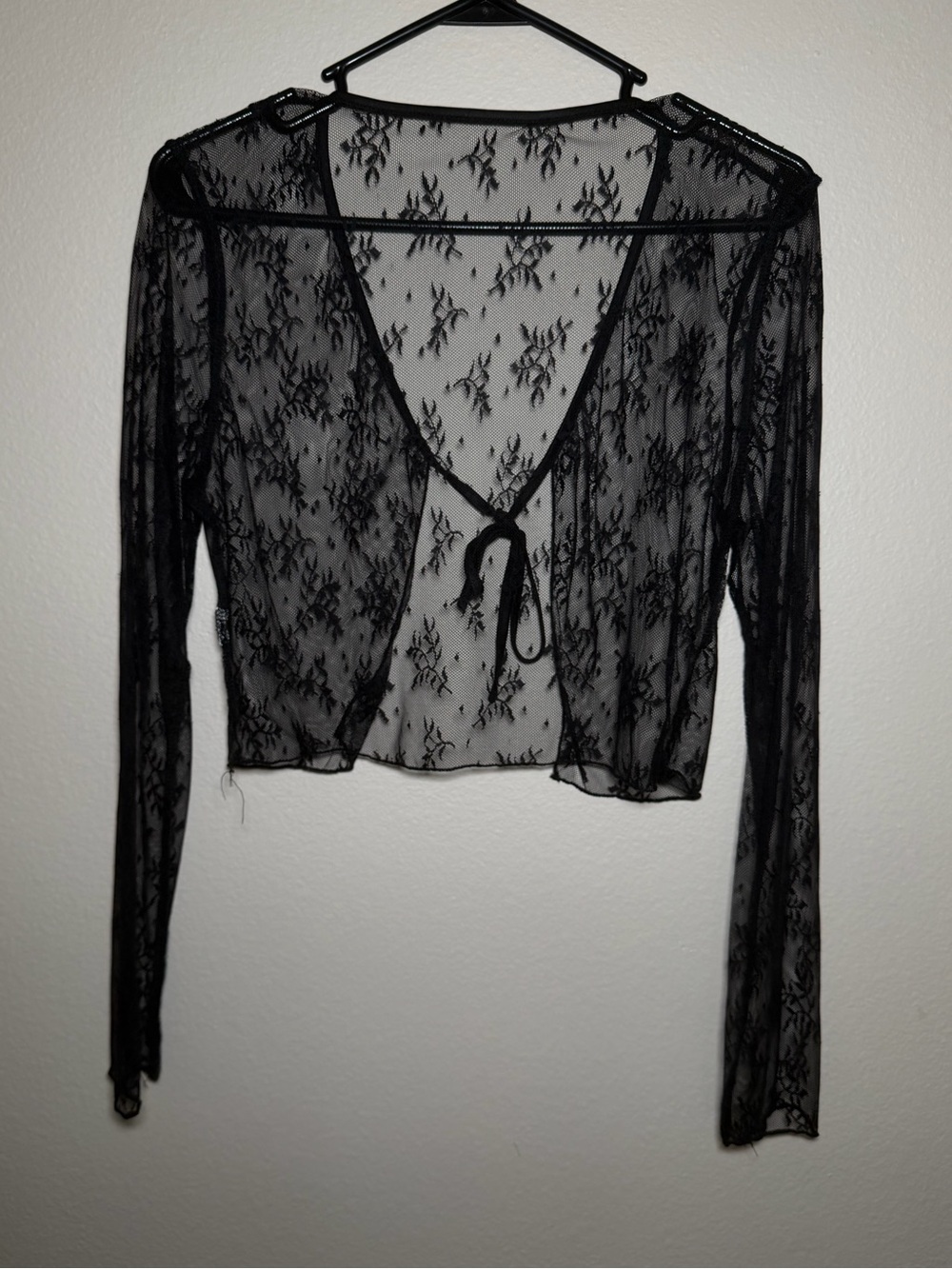 Black Sheer Lace Mesh Cropped Cardigan Sweater Whimsical Gothic Fairy Romantic - Picture 4 of 4